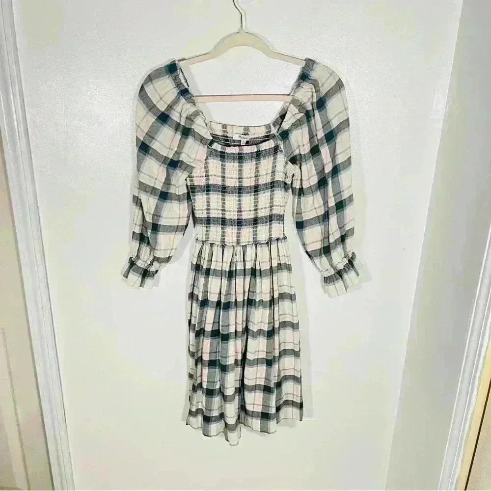 NWT Madewell Lucie Elbow-Sleeve Smocked Mini Dress Plaid